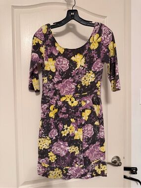 Floral Scoop-Neck Long Sleeve Dress in Black, Purple & Yellow